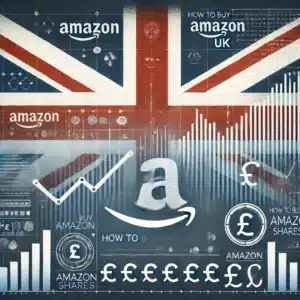 Professional image for the blog page "How to Buy Amazon Shares in the UK" featuring the British flag, Amazon logo, and stock market elements like a rising graph and currency symbols (£)