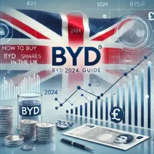 rofessional image for the blog page "How to Buy BYD (BYDDF) Shares in the UK: 2024 Guide" featuring the British flag, BYD logo, and stock market elements like a rising graph and currency symbols (£).
