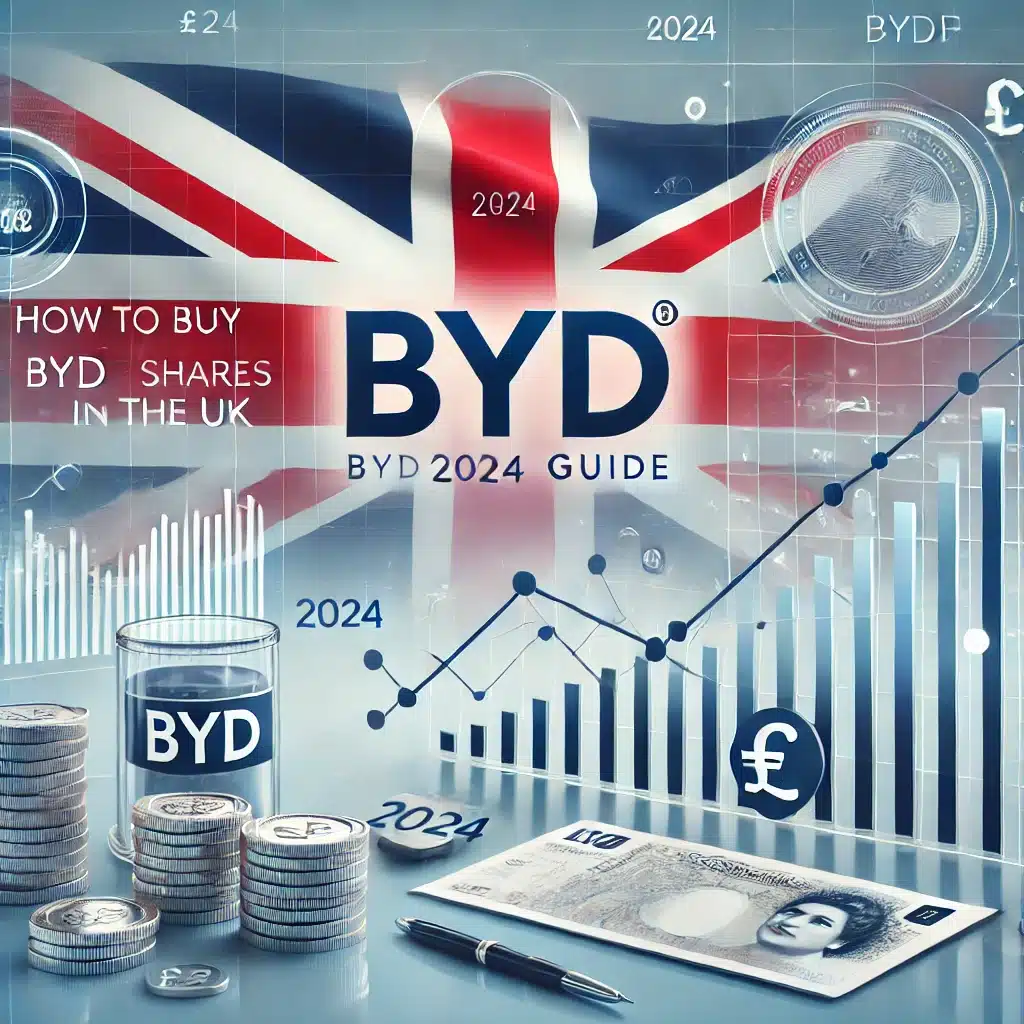 rofessional image for the blog page "How to Buy BYD (BYDDF) Shares in the UK: 2024 Guide" featuring the British flag, BYD logo, and stock market elements like a rising graph and currency symbols (£).