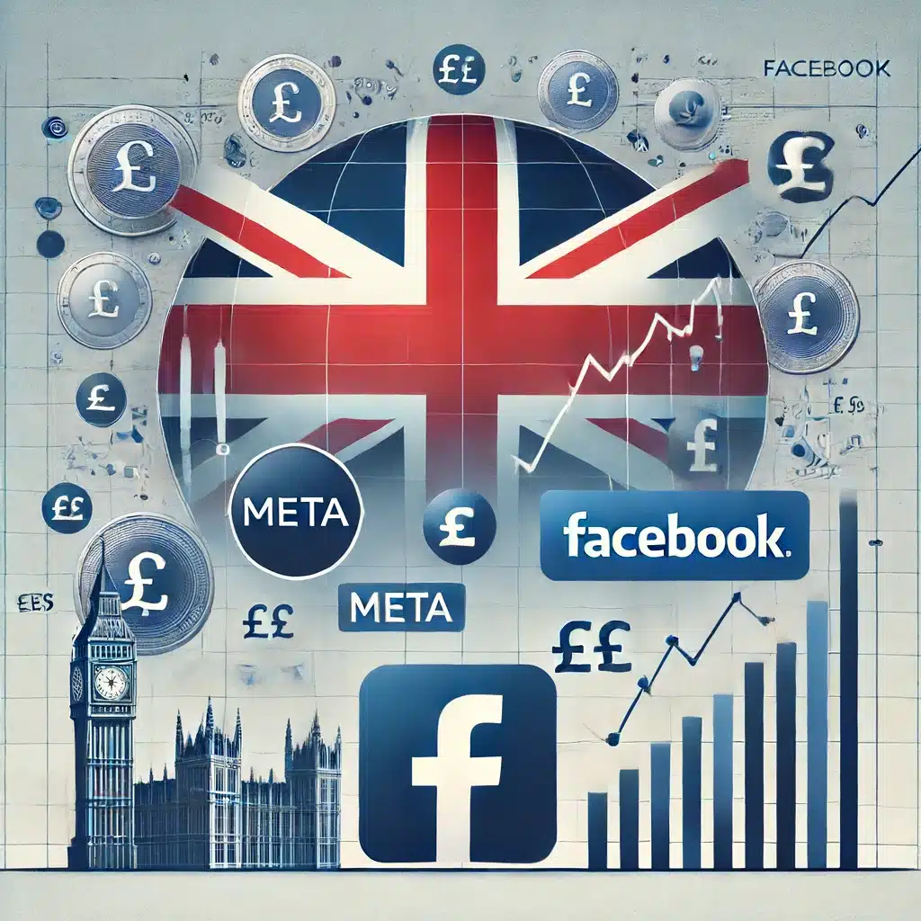 Professional image for the blog page "How to Buy Meta (Facebook) Shares in the UK" featuring the British flag, Meta and Facebook logos, and stock market elements like a rising graph and currency symbols (£).