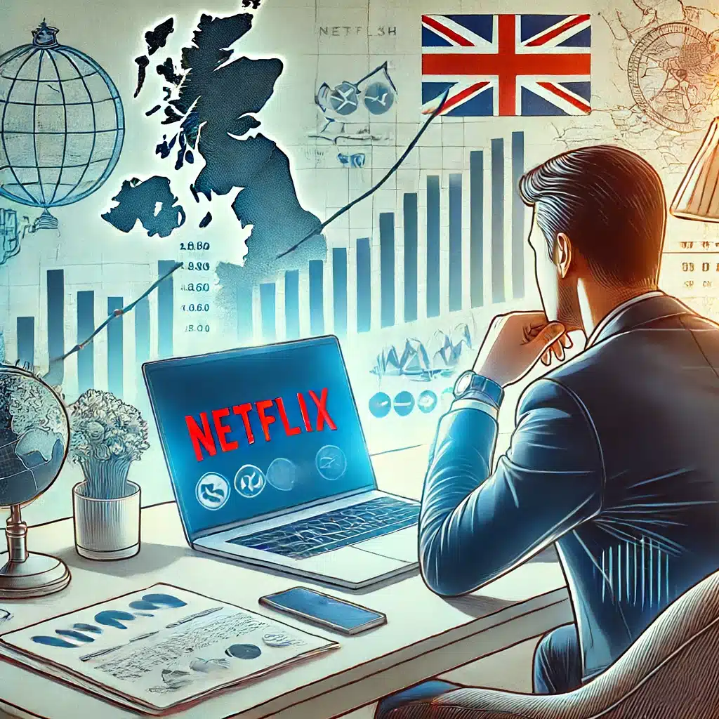 This illustration depicts a UK investor in a home office setting, using a laptop with the Netflix logo on the screen, surrounded by financial charts and UK-themed elements.