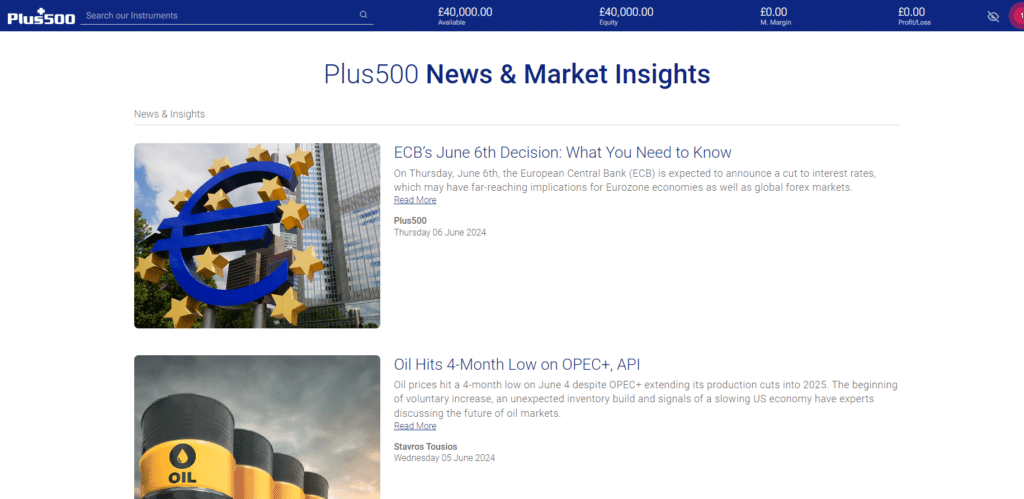 Plus500 News & Insights page highlighting economic events and market analysis updates.