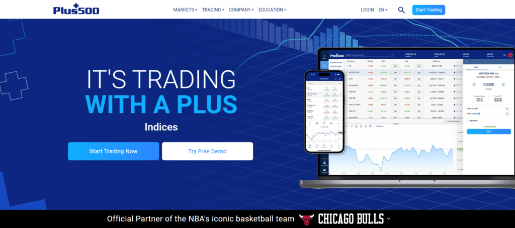Homepage of Plus500 showcasing its partnership with the NBA and trading interface preview."