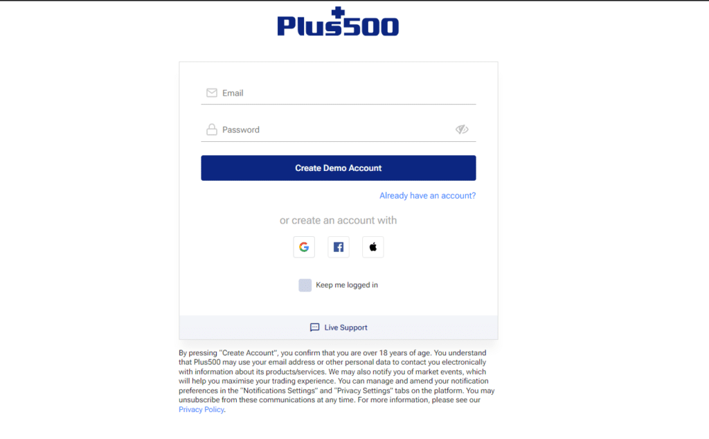 Detailed view of Plus500's account creation interface, highlighting options for registration via email or social media accounts.