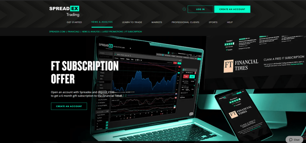 SpreadEX Trading Platform FT Subscription Offer: Open an account with SpreadEX, deposit £500, and receive a 6-month free Financial Times subscription. Features advanced technical charting on the laptop screen, showcasing market data and trading tools. Suitable for traders seeking in-depth market analysis and subscription benefits.