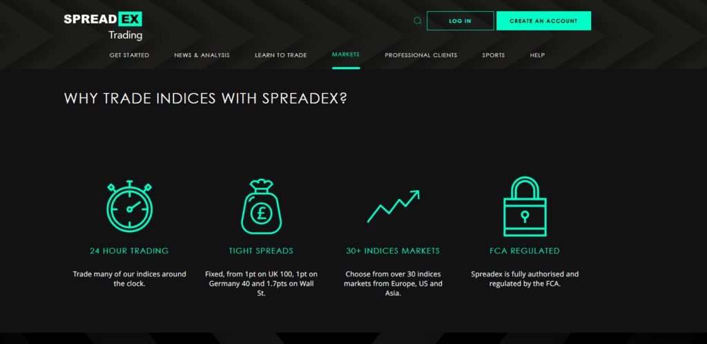 screenshot of SpreadEX Trading desktop landing page