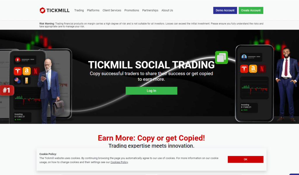 Tickmill social trading platform showcasing features and user interface.