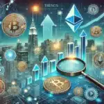 Futuristic cityscape illustrating 10 trends for crypto investors, with digital elements like blockchain chains, cryptocurrency symbols, upward trending graphs, magnifying glass over a digital coin, and icons representing technological advancements.