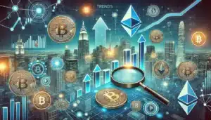 Futuristic cityscape illustrating 10 trends for crypto investors, with digital elements like blockchain chains, cryptocurrency symbols, upward trending graphs, magnifying glass over a digital coin, and icons representing technological advancements.