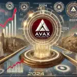 Futuristic digital illustration showing the AVAX (Avalanche) logo surrounded by rising charts, financial symbols, and digital assets. The background features a high-tech cityscape with holographic elements and a digital market board displaying fluctuating values, in shades of red, white, and gold.