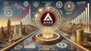 Futuristic digital illustration showing the AVAX (Avalanche) logo surrounded by rising charts, financial symbols, and digital assets. The background features a high-tech cityscape with holographic elements and a digital market board displaying fluctuating values, in shades of red, white, and gold.