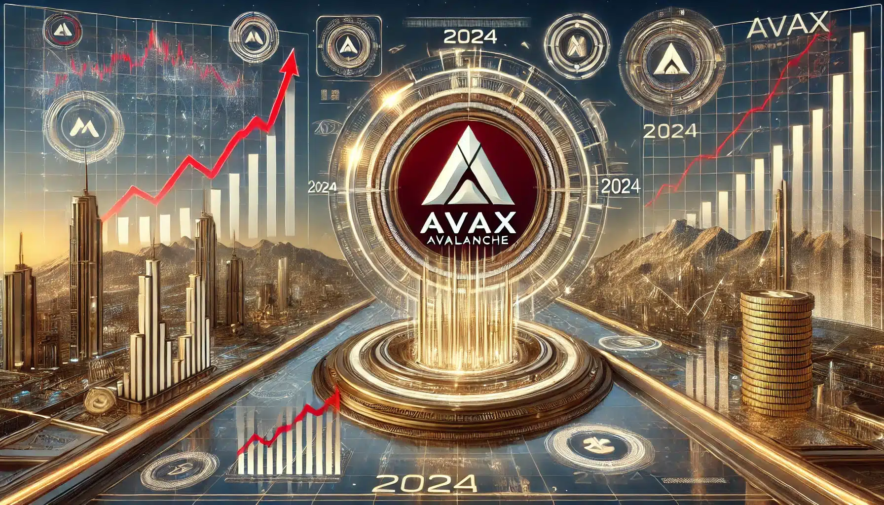 Futuristic digital illustration showing the AVAX (Avalanche) logo surrounded by rising charts, financial symbols, and digital assets. The background features a high-tech cityscape with holographic elements and a digital market board displaying fluctuating values, in shades of red, white, and gold.