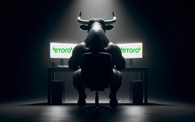 A stylized image of a muscular bull sitting in front of a computer desk with two monitors displaying the eToro logo, symbolizing bullish market trading.