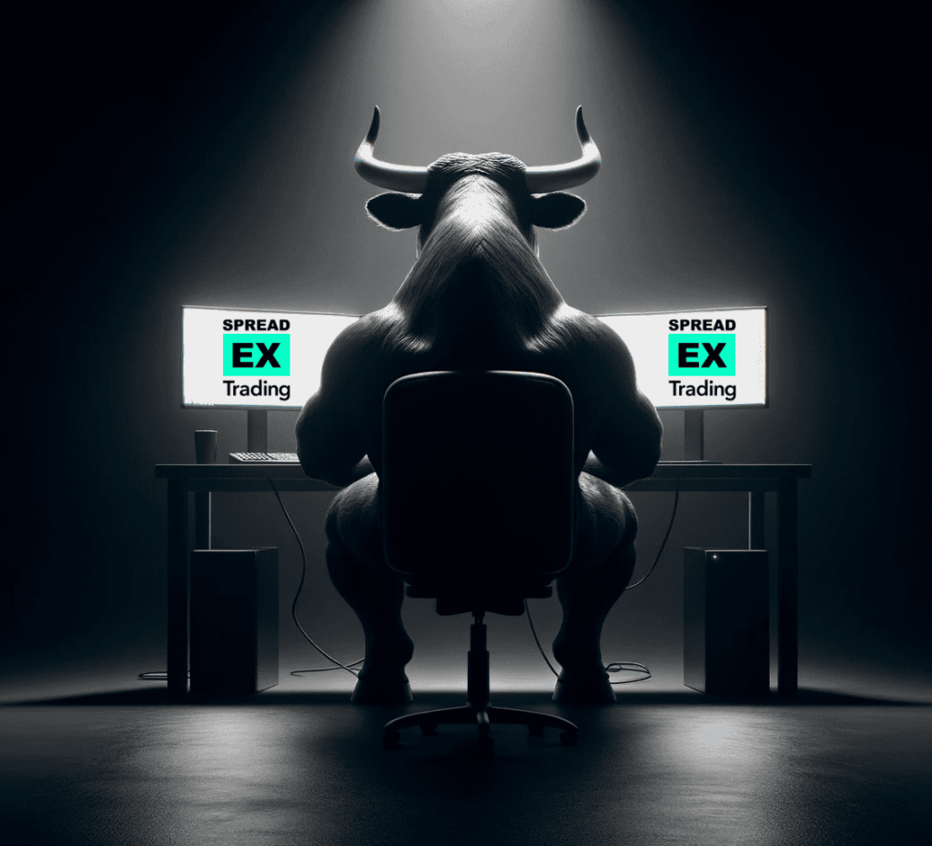 A large bull with horns sits in front of two monitors displaying "Spread EX Trading" logos in a dimly lit room.