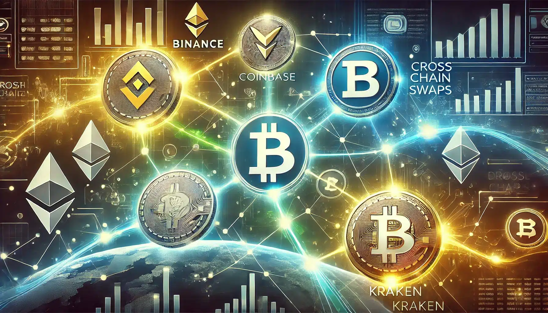 Digital illustration featuring logos of top cryptocurrency exchanges like Binance, Coinbase, and Kraken connected by glowing pathways, symbolizing cross-chain swaps. The background has a futuristic, high-tech look with blockchain graphics and digital currency icons.