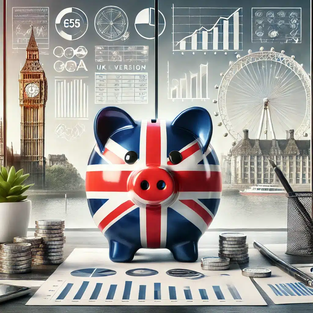 image featuring a piggy bank with the Union Jack, representing a UK version of a Roth IRA. It includes symbols of savings, investments, and iconic UK landmarks, emphasizing financial security and retirement planning