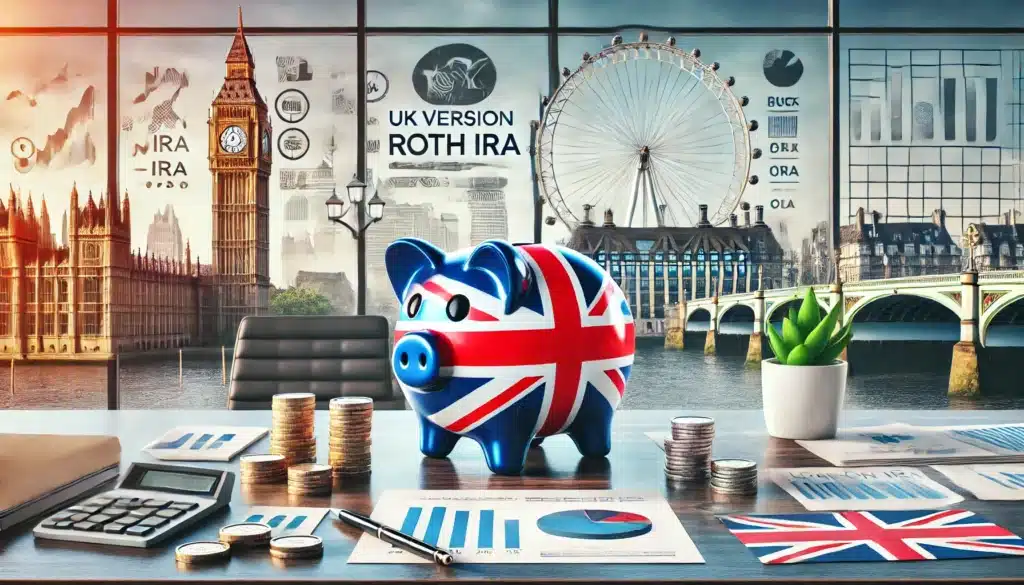 UK-themed Roth IRA with the Union Jack piggy bank and iconic UK landmarks