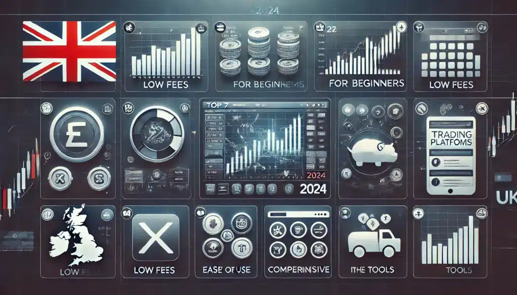 The graphic includes logos or interface snippets of each platform, icons highlighting features like low fees, ease of use, and comprehensive tools, all set against a professional background with a subtle UK flag motif.