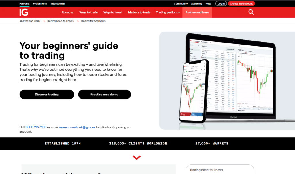 IG's beginner's guide to trading, offering resources to understand stock and forex trading, along with practice on a demo account.