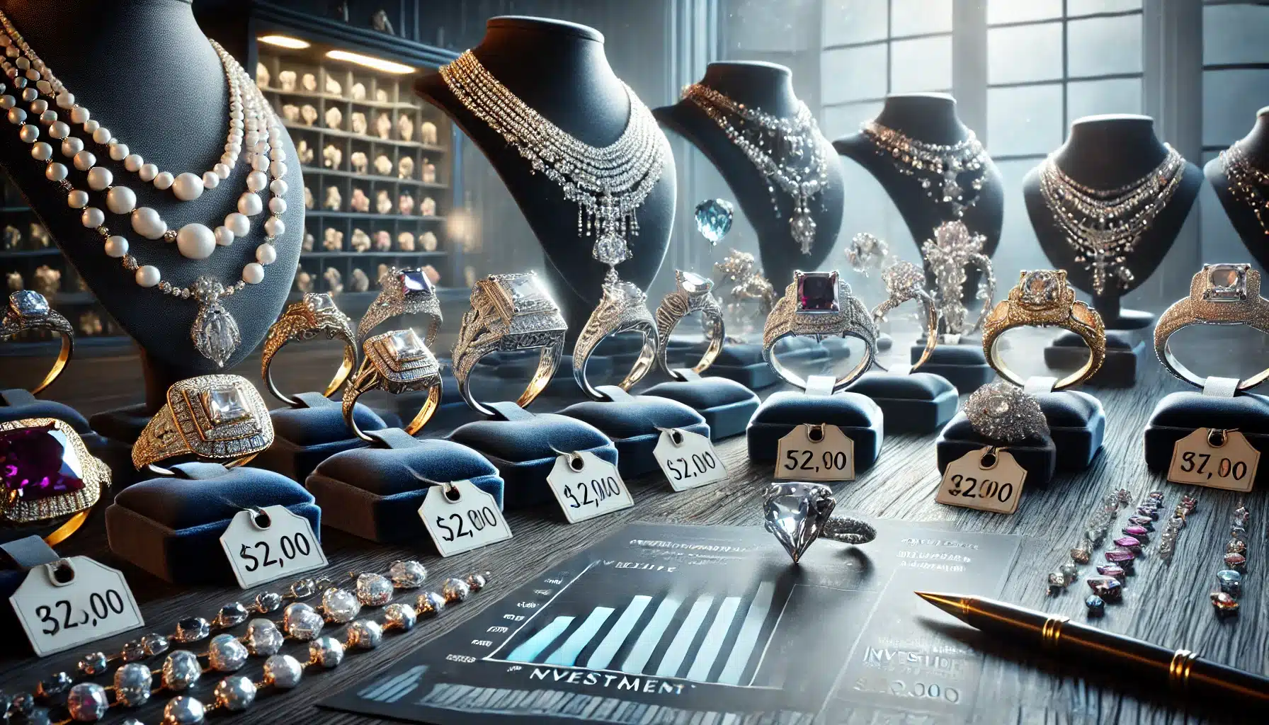 An elegant display of various types of jewelry, including rings, necklaces, bracelets, and earrings, with price tags and investment charts in the background, illustrating the concept of investing in the jewelry market.