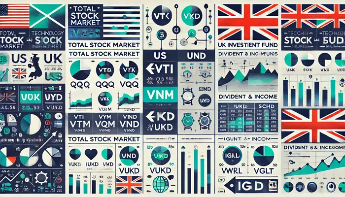 Infographic comparing UK and US investment funds with ticker symbols. Features US and UK flags, ticker symbols (VTI, QQQ, VYM, VXUS, BND, SCHD) linked to UK equivalents (VUKE, EQQQ, IUKD, VWRL, IGLT). Divided into categories: Total Stock Market, Technology Sector, Dividend and Income Funds. Uses financial theme colors with stock chart background.