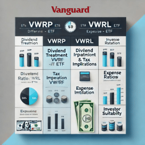 Comparison chart of Vanguard FTSE All-World UCITS ETFs VWRP and VWRL, highlighting differences in dividend treatment, tax implications, expense ratios, and investor suitability.