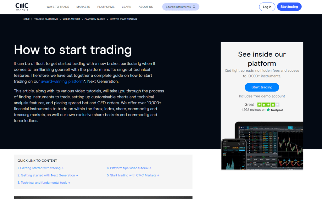 CMC Markets tutorial on how to start trading, covering finding instruments, setting up charts, and placing CFD orders.