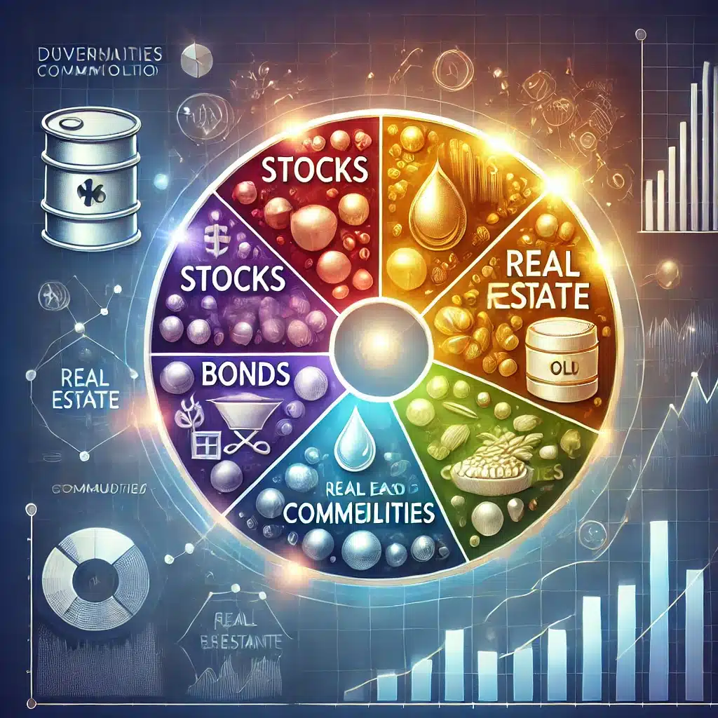 Illustration of a diversified investment portfolio with commodities, featuring a pie chart and icons for gold, oil, agricultural products, and metals.