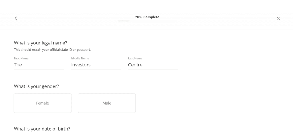 Screenshot of the eToro account verification process, asking for legal name, gender, and date of birth. The form is 20% complete, emphasizing the steps required for user identity verification on the platform.