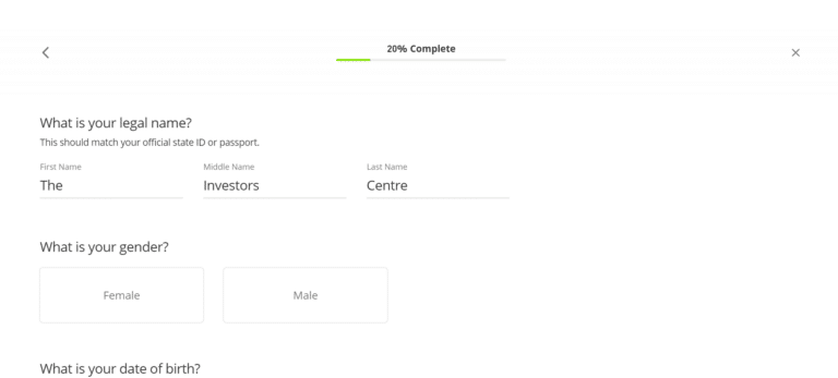 Screenshot of the eToro account verification process, asking for legal name, gender, and date of birth. The form is 20% complete, emphasizing the steps required for user identity verification on the platform.