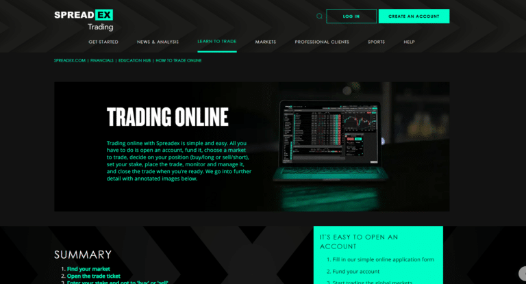 Spreadex online trading platform guide showing a summary of steps to open an account and start trading in the global markets.