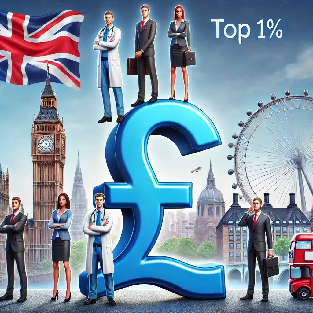 Diverse professionals standing on a large pound symbol (£) with UK landmarks in the background, representing top 1% income earners in the UK.