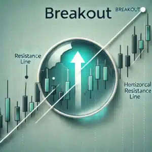 A stock chart with a price breaking through a horizontal resistance line. The breakout point is highlighted with an arrow and a "Breakout" label. The candlestick breaking through is larger, signifying a strong move.