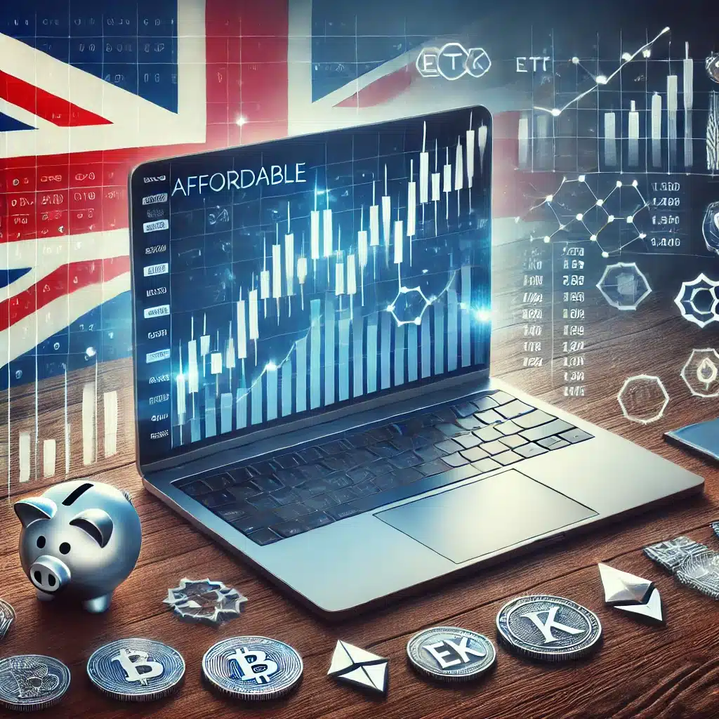 Affordable online trading platforms in the UK, featuring a laptop screen with trading charts and graphs, various asset symbols like stocks, ETFs, forex, and cryptocurrencies, and the Union Jack flag in the background."