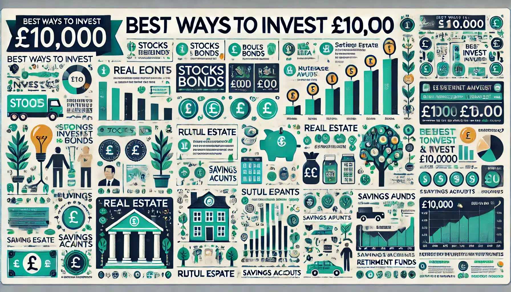 A detailed infographic showcasing the best ways to invest £10,000. The infographic is rectangular and longer horizontally. It includes icons and chart