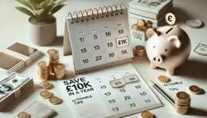 reflecting the concept of saving £10k in a year with actionable tips on budgeting, boosting income, and automating savings