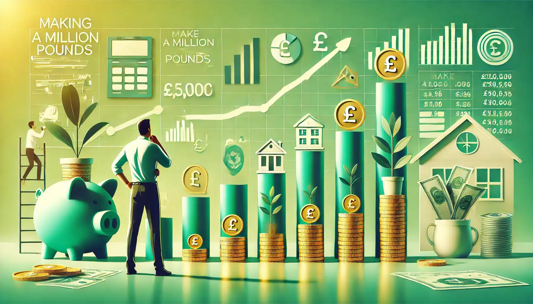 Motivational image showing a person observing a growing financial chart with stacks of coins, investment symbols like property and stocks, and green tones symbolizing wealth-building, financial growth, and long-term success. Perfect for a blog about making a million pounds through saving and investing