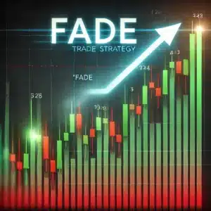 A stock chart showing a sharp upward price move followed by a quick reversal. The strategy is illustrated by an arrow pointing down at the peak of the price surge, representing a "fade" trade