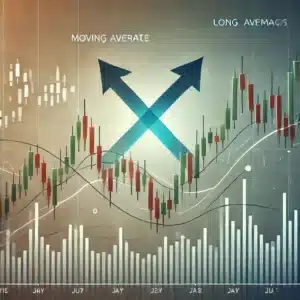 A stock chart showing two moving averages—one short-term and one long-term. The shorter moving average crosses above the longer one, with an arrow at the crossover point indicating a buying signal.