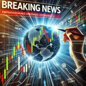 A chart reacting sharply to a news event, with a breaking news headline superimposed on the image. The chart shows a significant price movement immediately following the news, with arrows indicating the entry point based on the news.