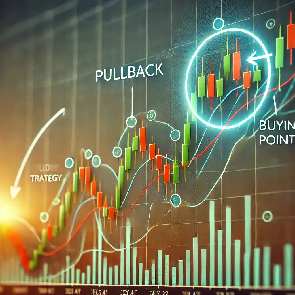 A stock chart showing an upward trend, followed by a small downward pullback, and then a continuation of the upward trend. The pullback area is highlighted with a circle and an arrow indicating the buying point at the end of the pullback.