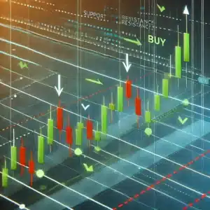 A stock chart showing a sideways price range between clear support and resistance levels. The price oscillates within the range, with buy and sell points indicated at the bottom (support) and top (resistance) of the range.