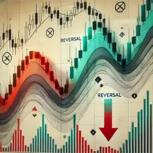 A stock chart showing a price reversal pattern. The chart initially trends upward, then reverses to a downward trend. The reversal point is highlighted with a "Reversal" label and an arrow indicating the new trend direction.