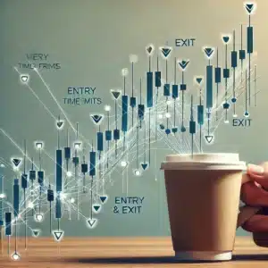 A series of small trades shown on a chart with very short time frames. Each trade is marked with small arrows or dots indicating quick entry and exit points, illustrating the rapid nature of scalping.