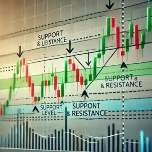 A stock chart displaying horizontal support and resistance lines. The price bounces off the support level and approaches the resistance level, with arrows indicating potential buy and sell points at these levels.