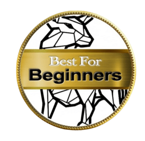 A gold-rimmed badge with a geometric bull head design and "Best for Beginners" text on a white background.