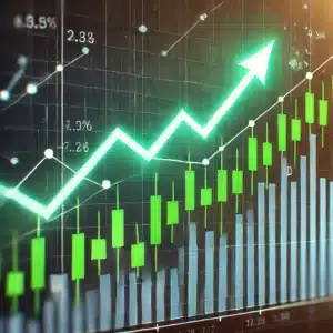 A stock chart with a clear upward trend line. Green candlesticks are consistently moving upward, with the trend line highlighted. Arrows point in the direction of the trend, showing the concept of "following the trend."