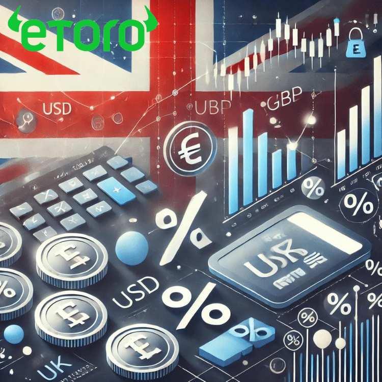 Featured image illustrating eToro fees and charges with financial elements, currency symbols (USD, GBP), percentage icons, and a UK flag background.