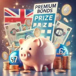 Illustration of Premium Bonds with a piggy bank, prize draw tickets, coins, and a subtle UK flag representing savings, prize-winning, and government backing.