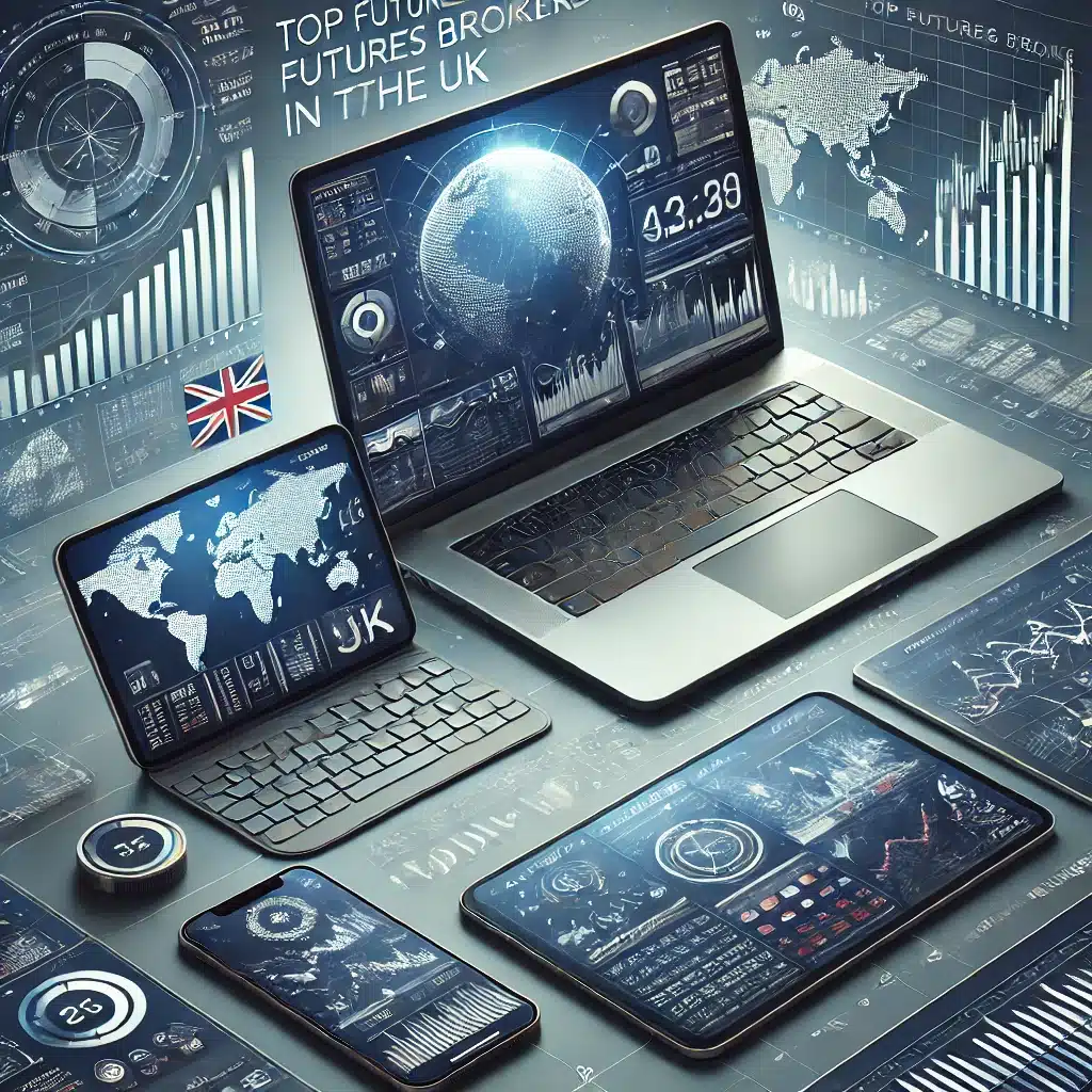 Illustration of top UK futures trading platforms on various devices, featuring complex charts and a UK flag, representing the best futures brokers in the UK.